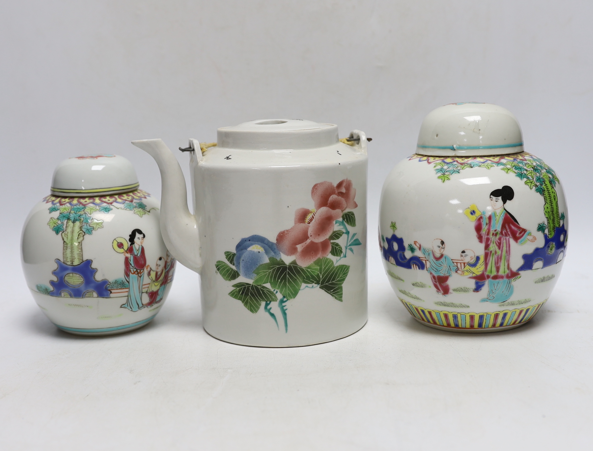 Two Chinese Imari square dishes, Kangxi, 15cm wide, two Chinese enamelled ginger jars and a teapot